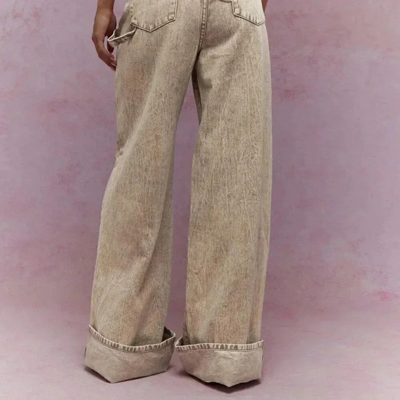 Khaki Casual Women's Washed Folded Hem Straight Leg Jeans - Picture 3 of 4